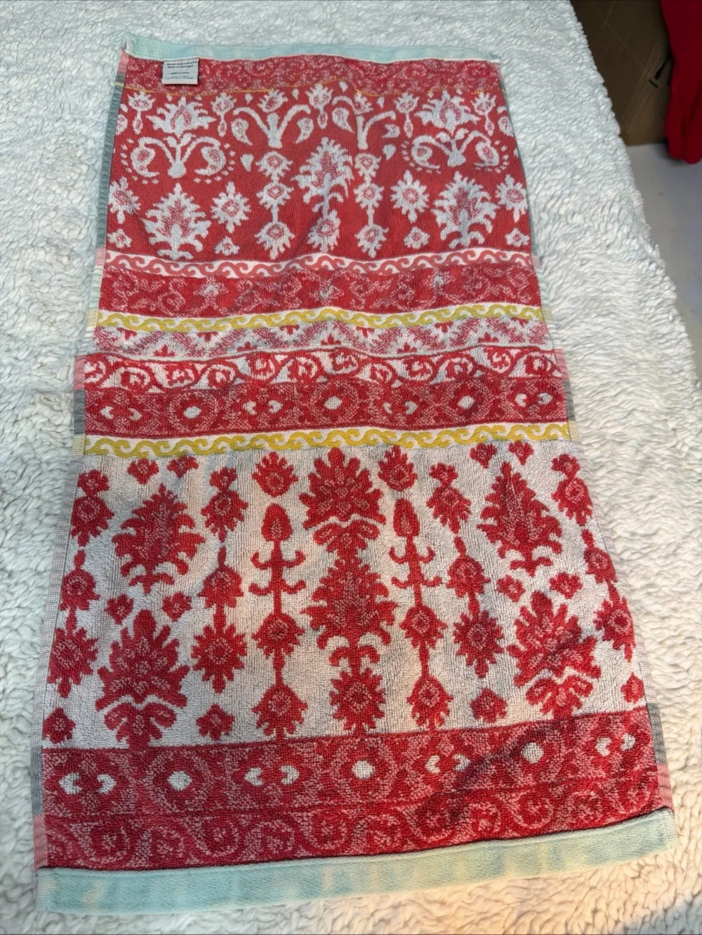 World Market Coral Teal yellow  Damask Pattern kitchen Towel